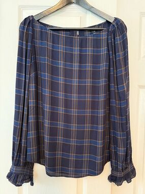 RW&CO. Navy and Tan Plaid Women's Blouse